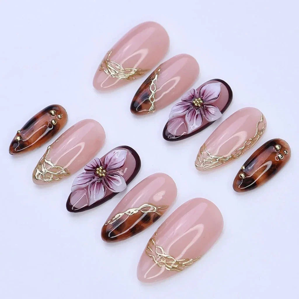 Mocha Bloom Tortoiseshell 3D Floral Nude Brown Press On Nails
