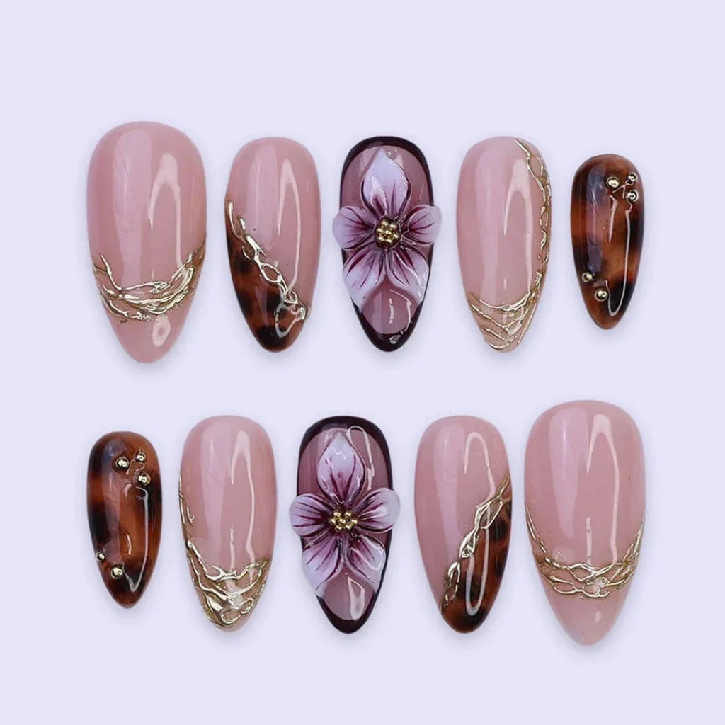 Mocha Bloom Tortoiseshell 3D Floral Nude Brown Press On Nails
