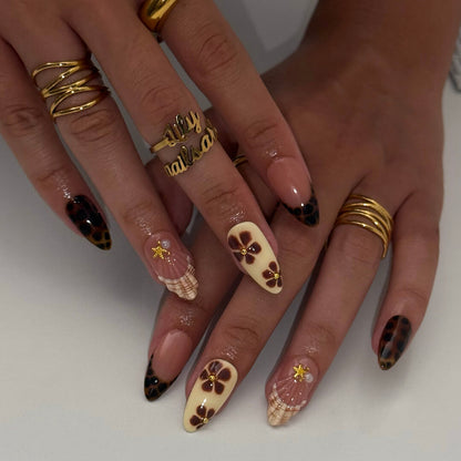 Mocha Tortoiseshell Floral Leopard Gold Press On Nails