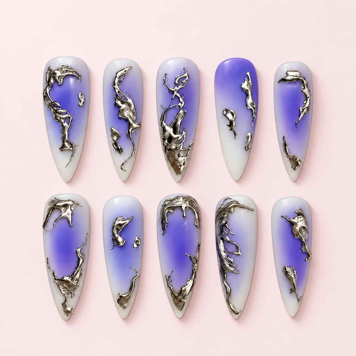 Molten Silver Purple Stiletto Press-On Nails