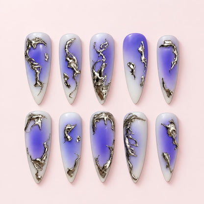 Molten Silver Purple Stiletto Press-On Nails