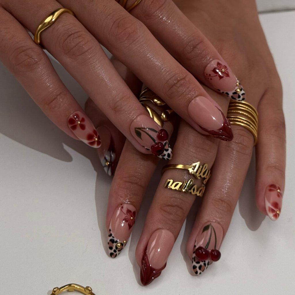 Monet French Tip Floral Leopard Red Press On Nails