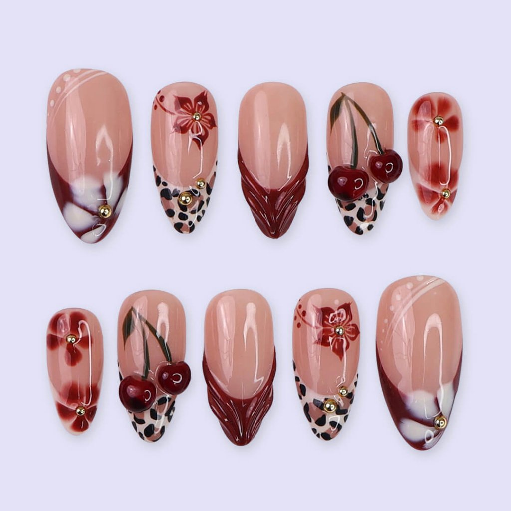 Monet French Tip Floral Leopard Red Press On Nails