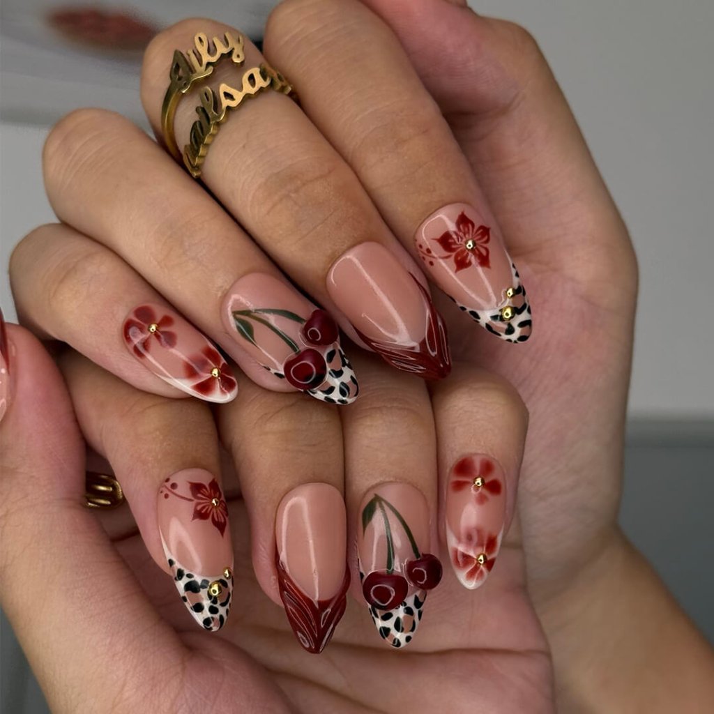 Monet French Tip Floral Leopard Red Press On Nails
