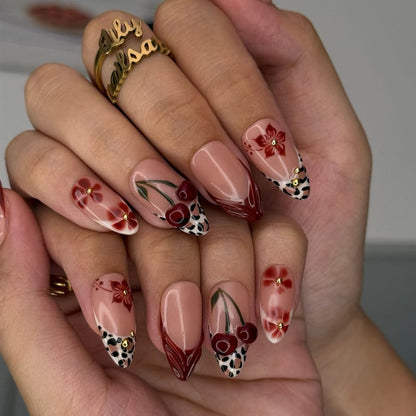 Monet French Tip Floral Leopard Red Press On Nails