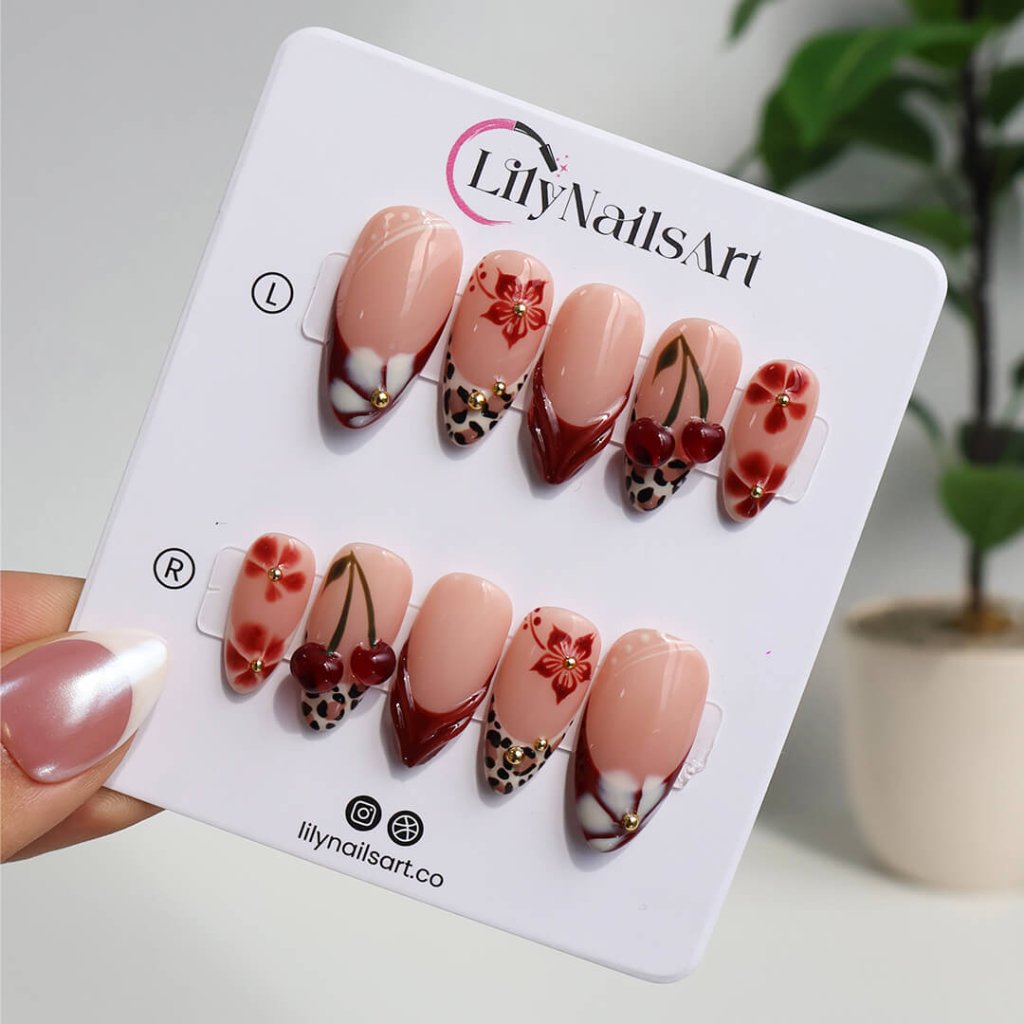 Monet French Tip Floral Leopard Red Press On Nails