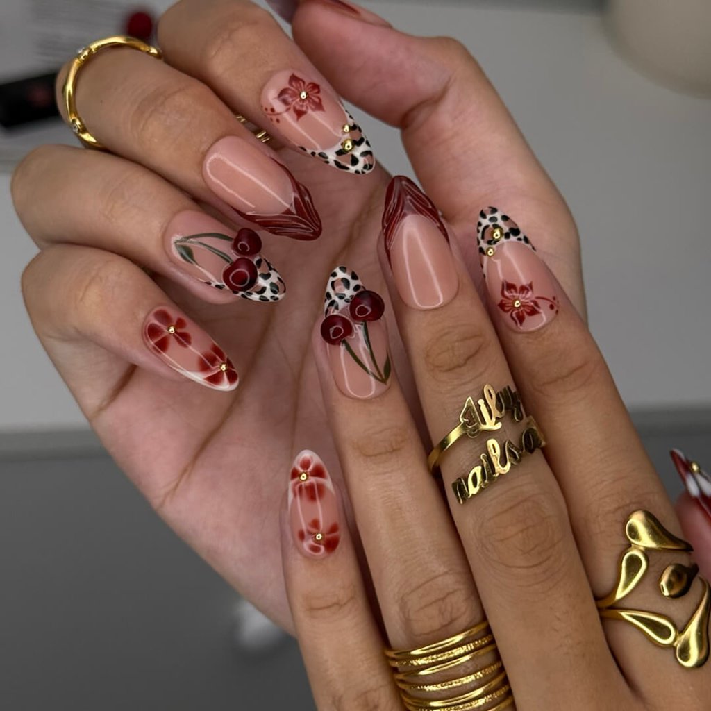 Monet French Tip Floral Leopard Red Press On Nails