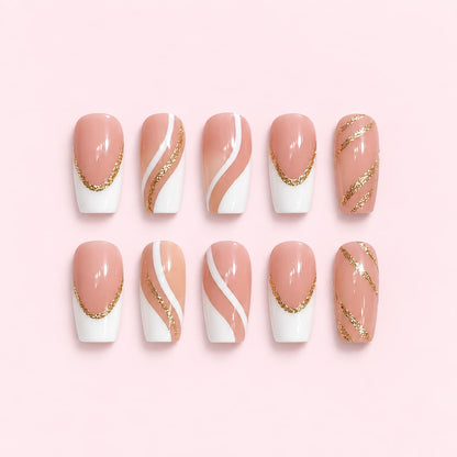 Pink Gold Swirl French Tip Press-On Nails