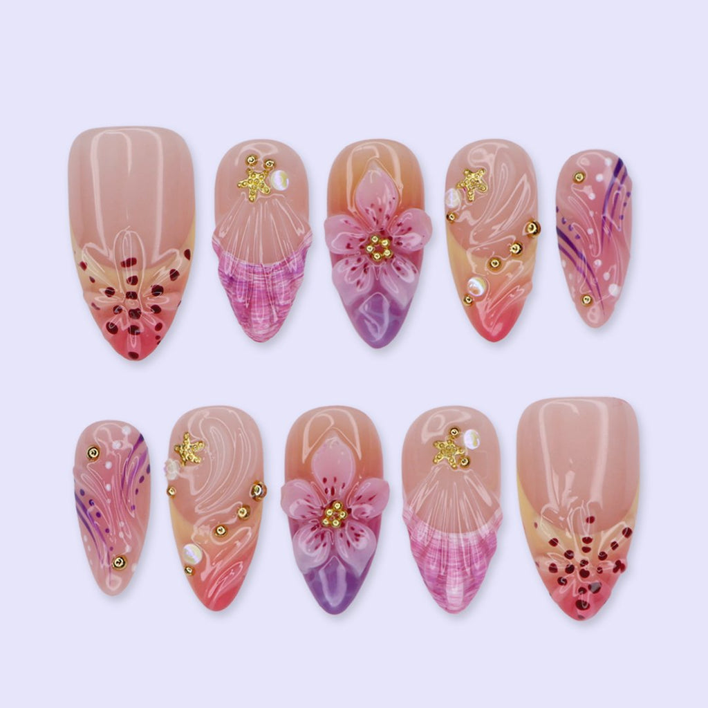Blush Hour Pink Orange 3D Floral Press On Nails