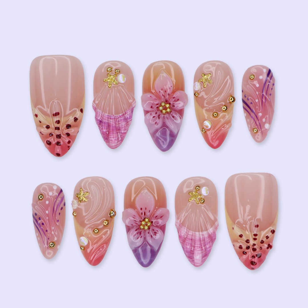 Blush Hour Pink Orange 3D Floral Press On Nails