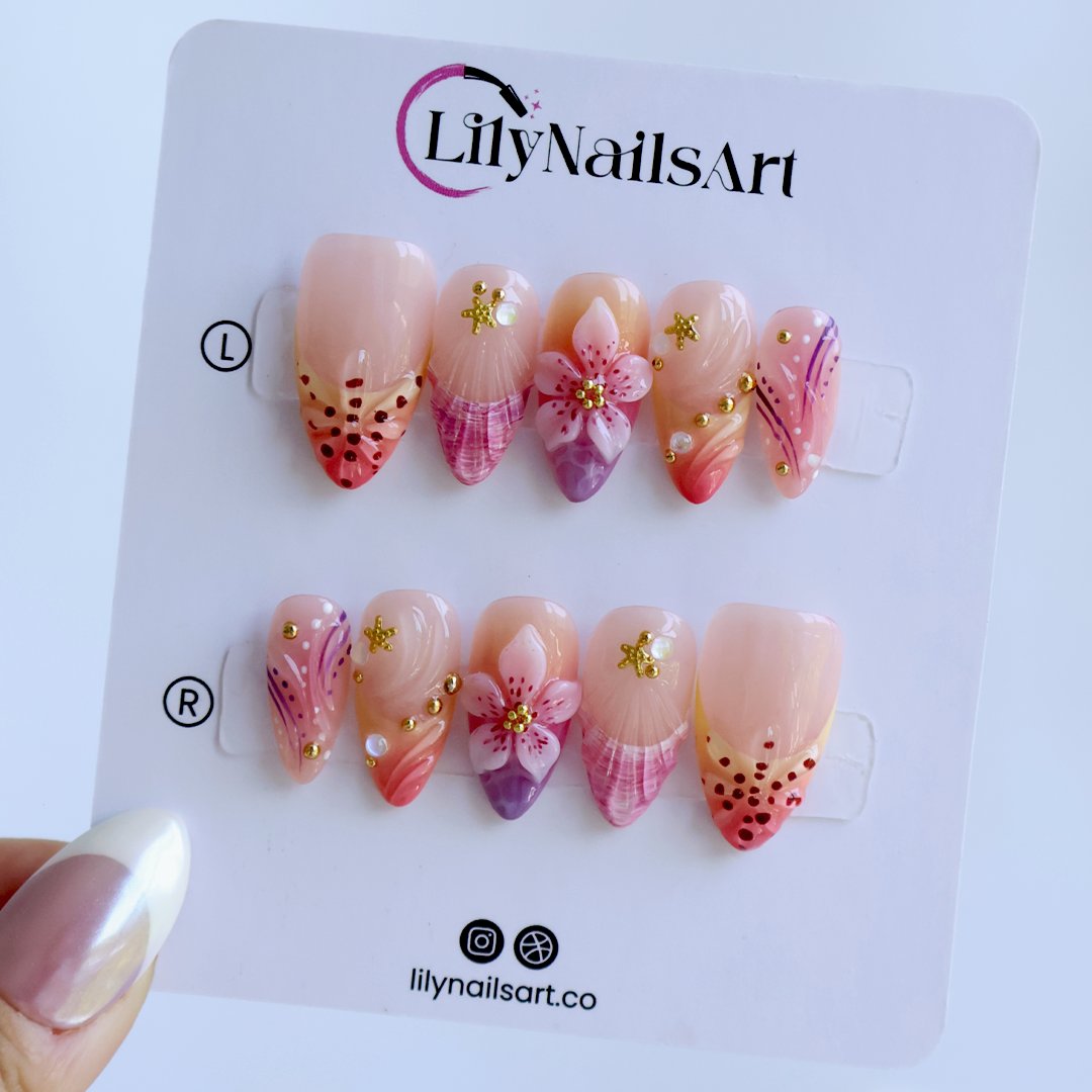 Blush Hour Pink Orange 3D Floral Press On Nails