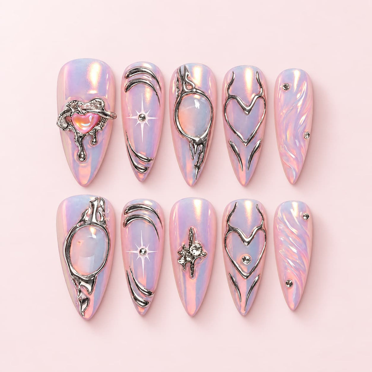Opal Aura Silver Heart Stiletto Press-On Nails