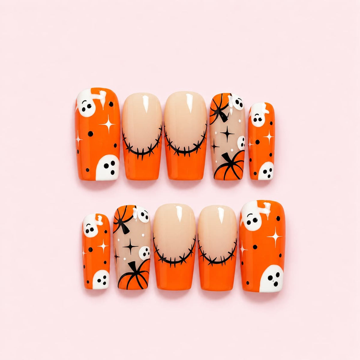 Orange Ghost Halloween Square Press-On Nails