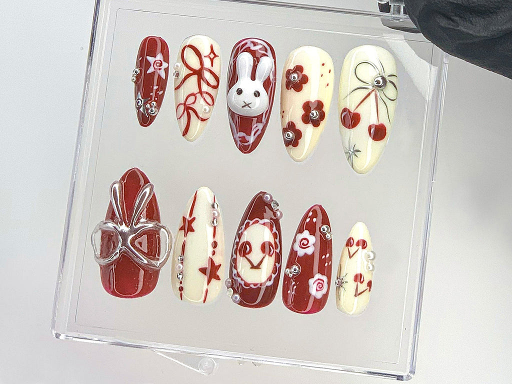 Adorable 3D Bunny Press On Nails, Hand-Painted Kawaii Bunny And Bow Acrylic Nails