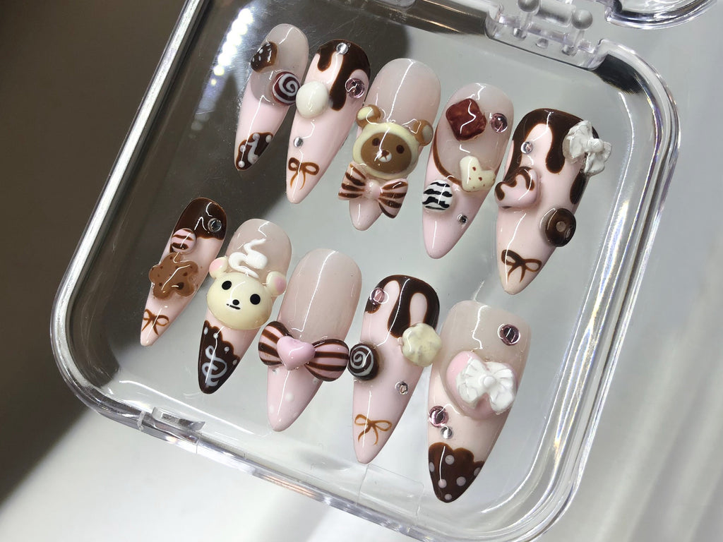 Cute Dessert Press On Nails, 3D Sweets And Bear Designs with Bow Fake Nails, 3D Chocolate