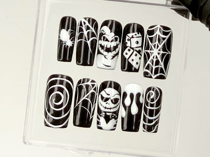 Spooky Halloween Press On Nails, Creepy Cute Nail Art, 3D Spider Web and Skull Acrylic