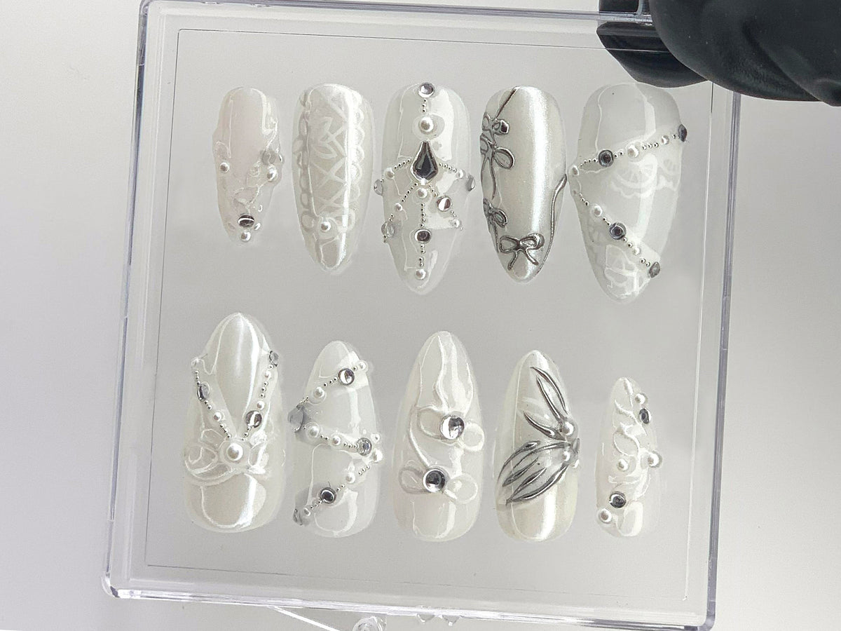 Chic Bridal Press On Nails, Sophisticated White and Silver Fake Nails, Elegant Pearl