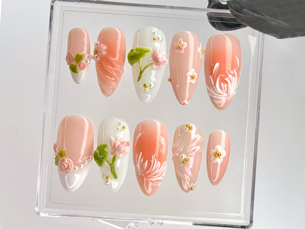 Sophisticated Lotus Flower Press On Nails, 3D Pink and White Lotus Acrylic Nails