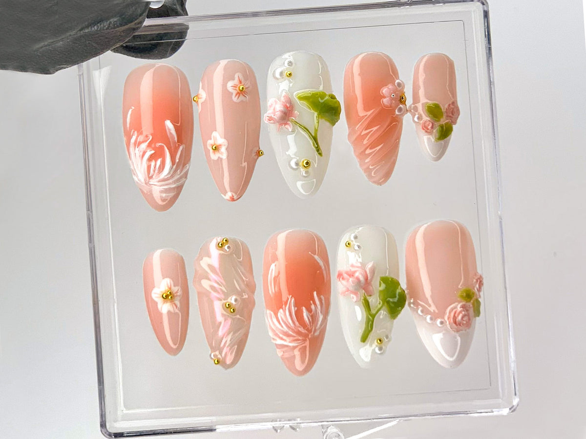 Sophisticated Lotus Flower Press On Nails, 3D Pink and White Lotus Acrylic Nails