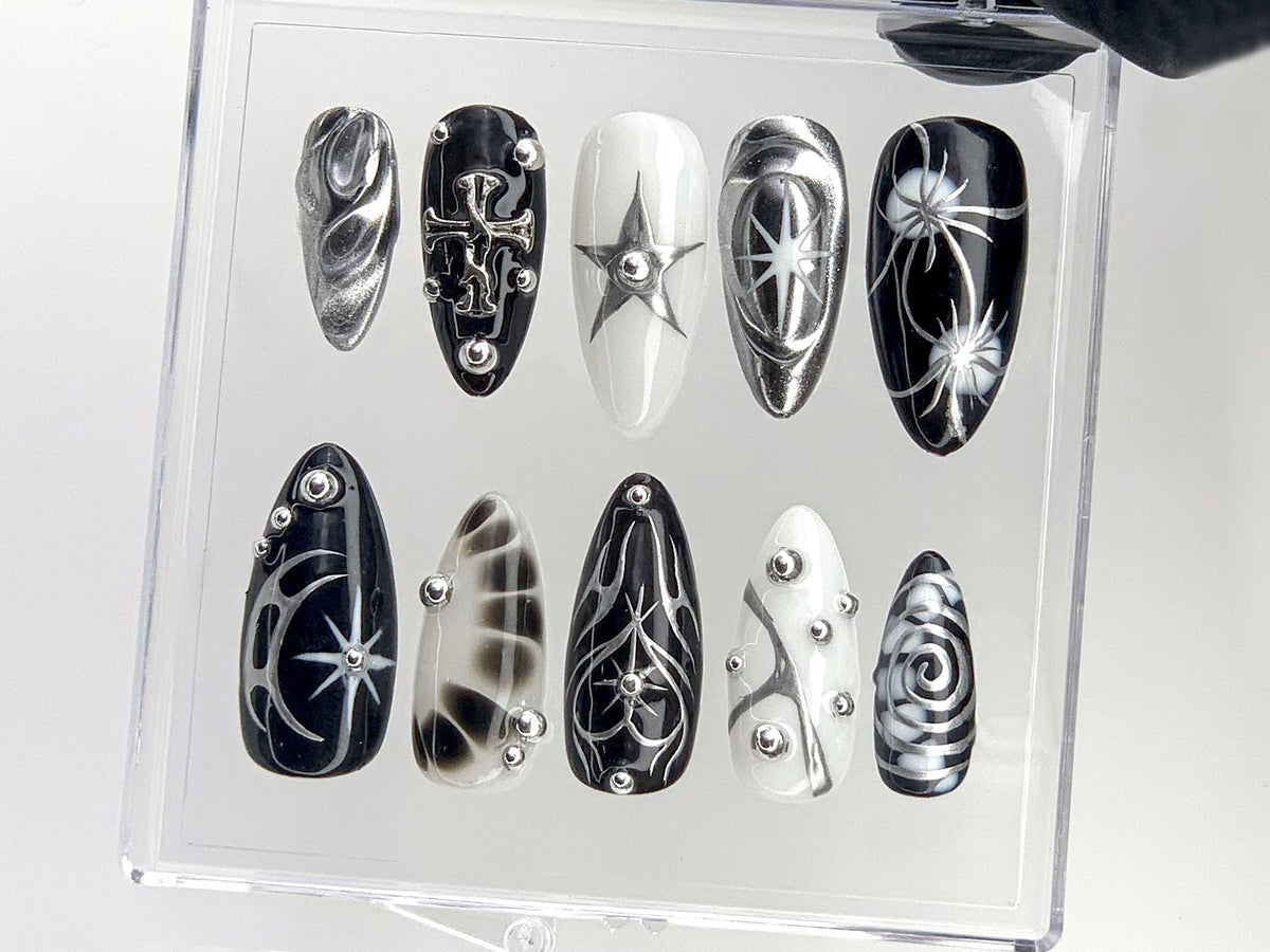 Elegant Gothic Press On Nails, 3D Designs with Cross, Star, Spiral Acrylic Nails