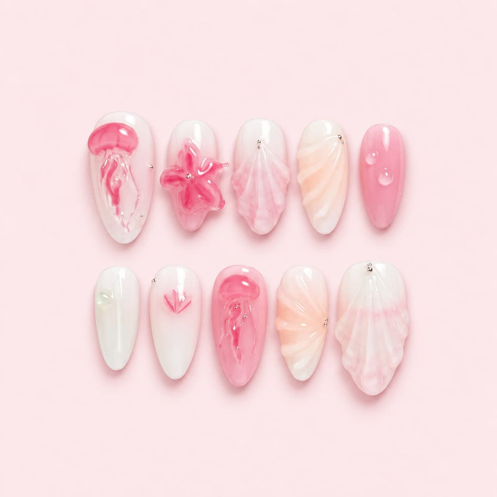 Pink 3D Jellyfish Seashell Almond Press-On Nails