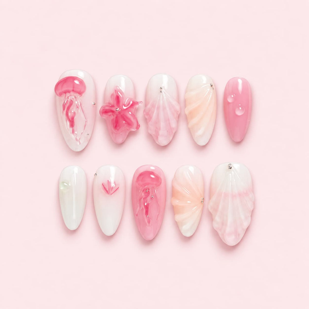 Pink 3D Jellyfish Seashell Almond Press-On Nails