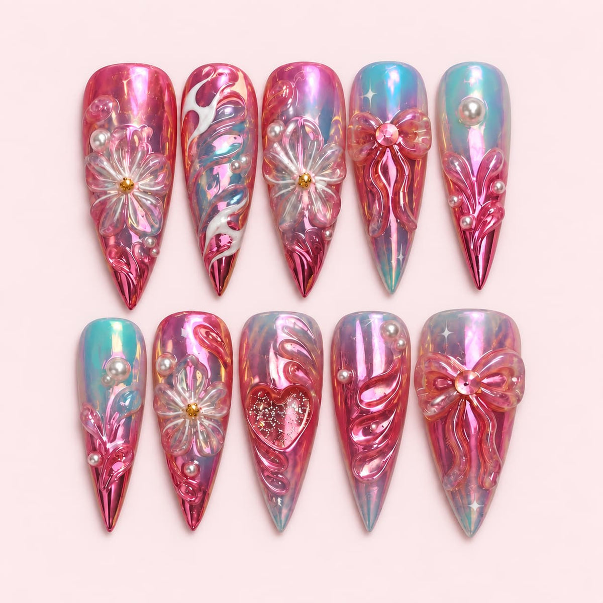 Pink Aura Floral Bow Stiletto Press-On Nails