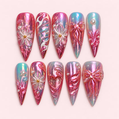 Pink Aura Floral Bow Stiletto Press-On Nails