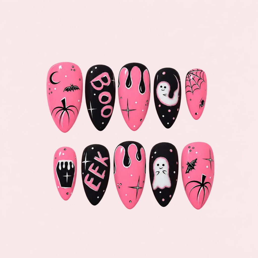 Pink Black Halloween Almond Press-On Nails