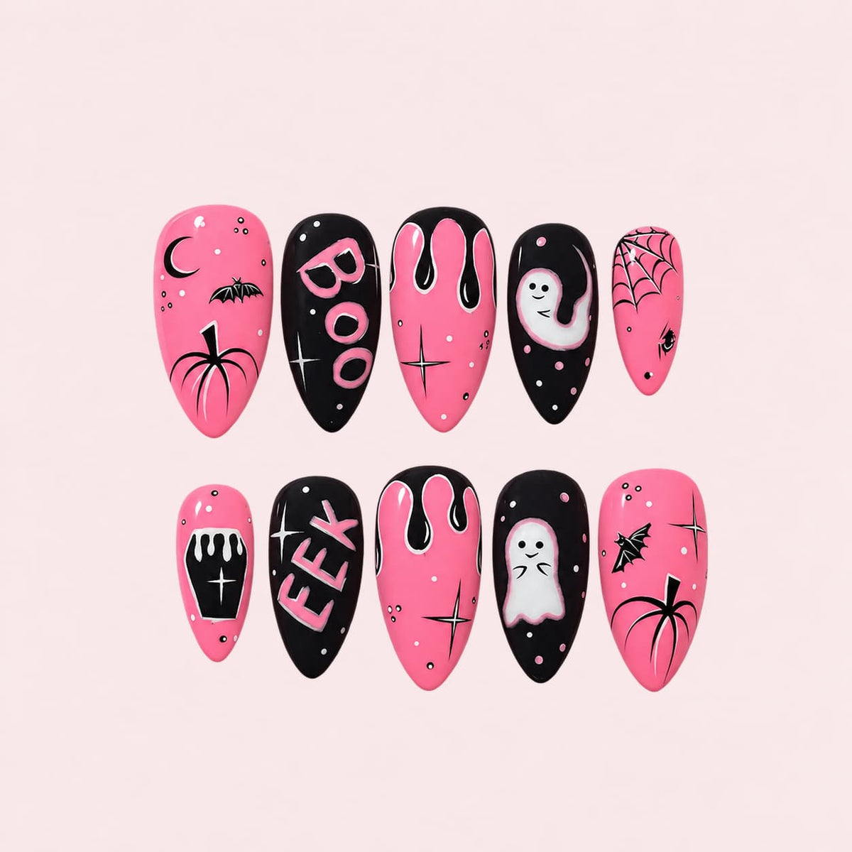 Pink Black Halloween Almond Press-On Nails