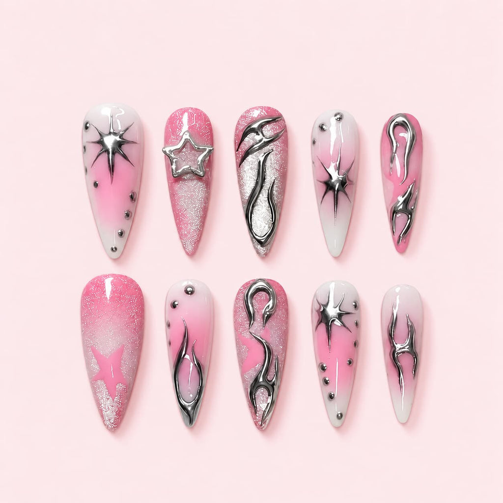 Pink Chrome Star Stiletto Press-On Nails