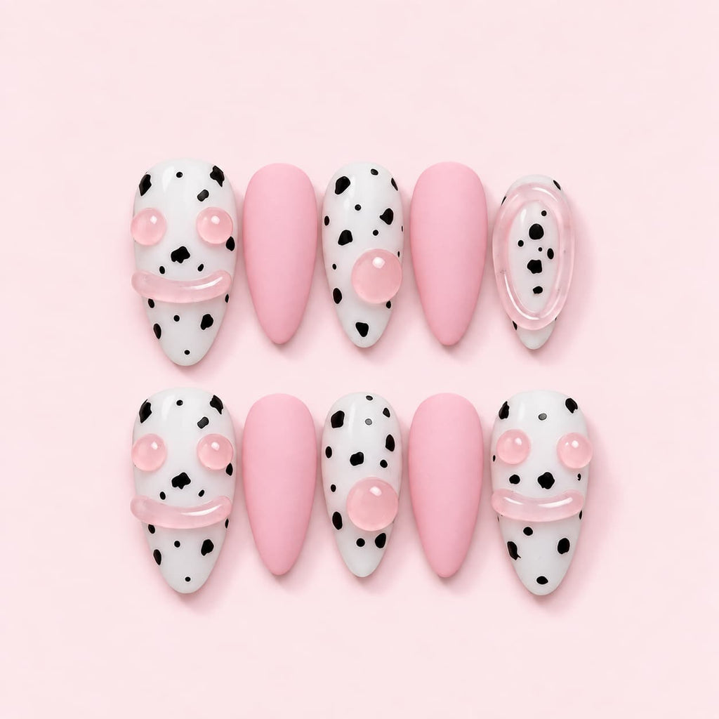 Pink Dalmatian Almond Press-On Nails - Hand-Painted