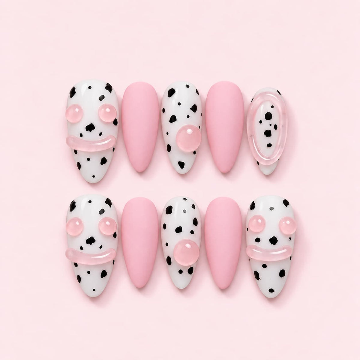 Pink Dalmatian Almond Press-On Nails - Hand-Painted
