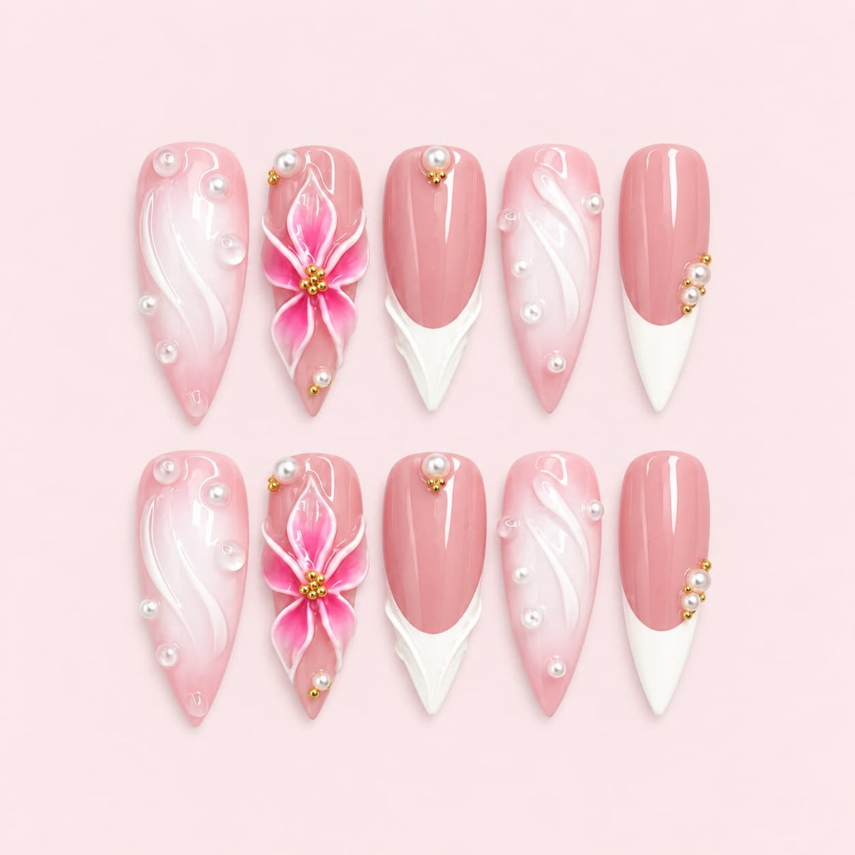 Pink Floral French Tip Stiletto Press-On Nails