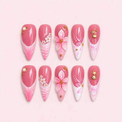 Pink Floral Seashell Stiletto Press-On Nails