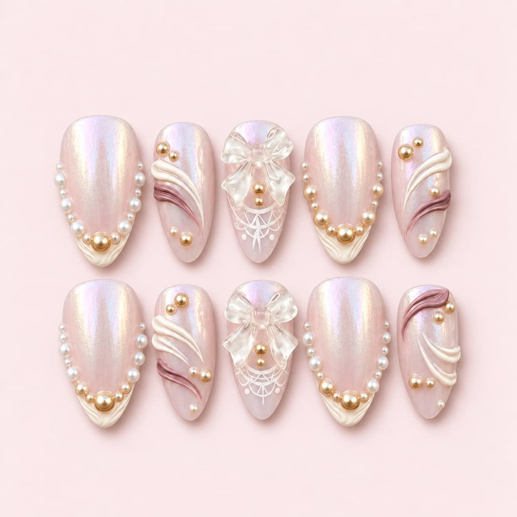 Pink Pearl 3D Bow Almond Press-On Nails