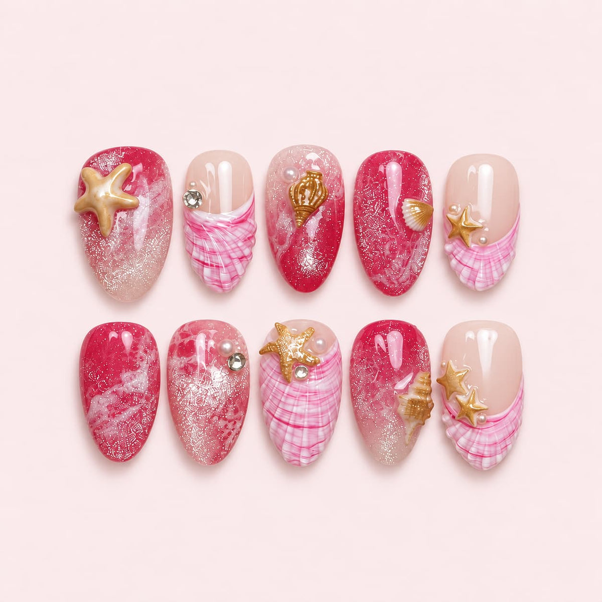 Pink Seashell Ocean Almond Press-On Nails