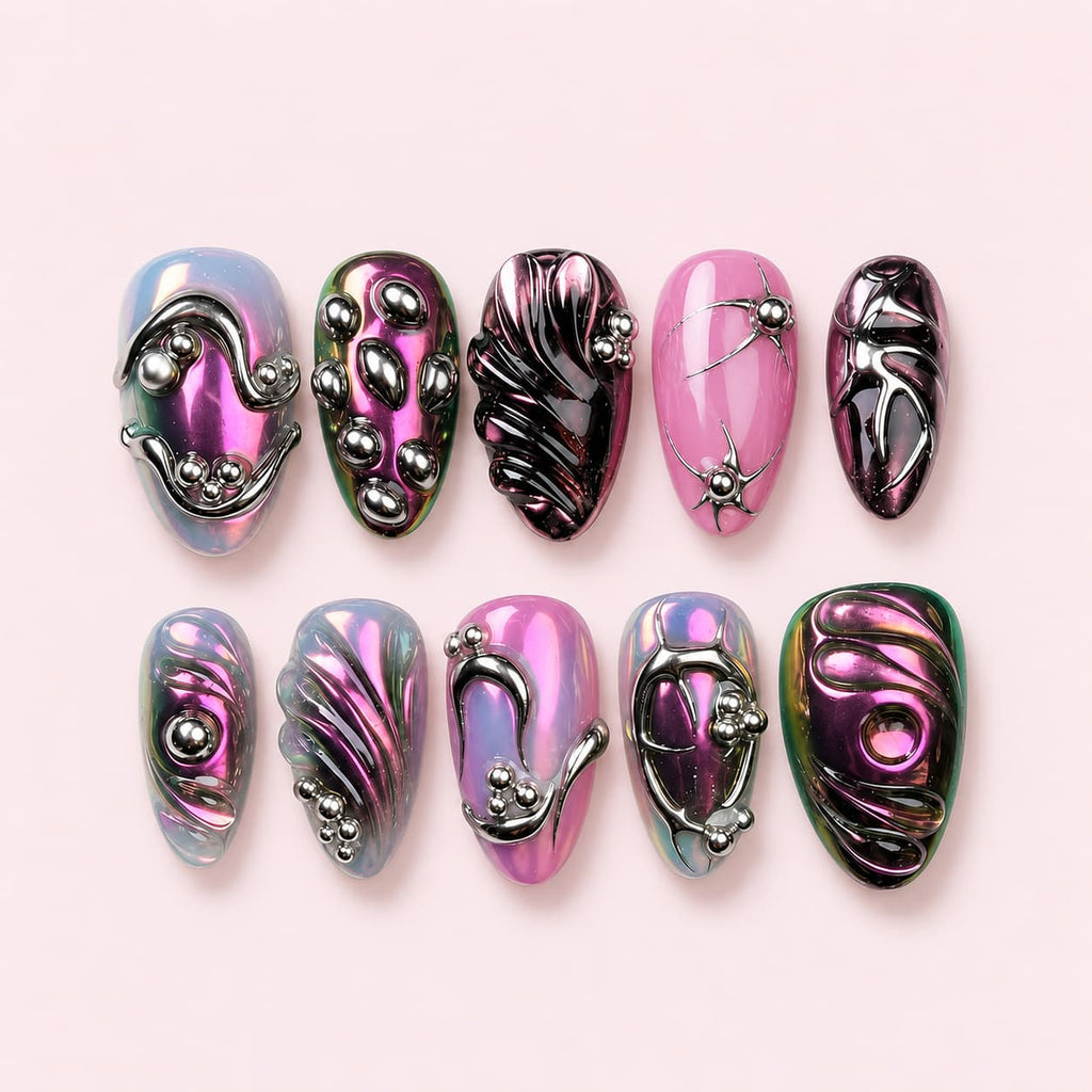 Pink Silver Metallic Almond Press-On Nails