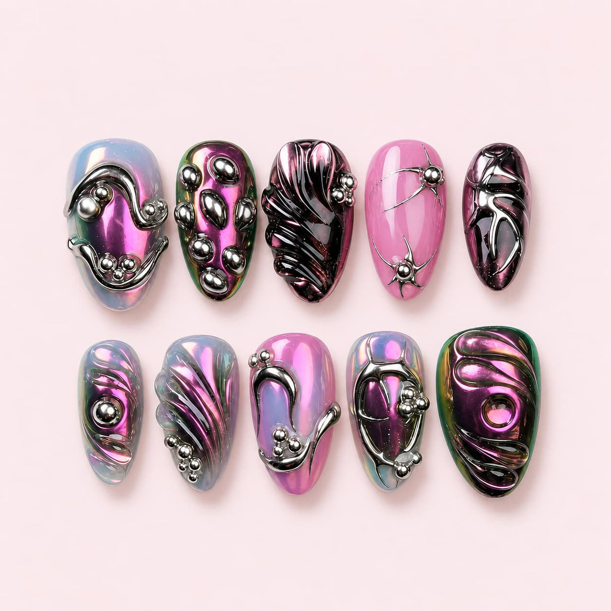 Pink Silver Metallic Almond Press-On Nails