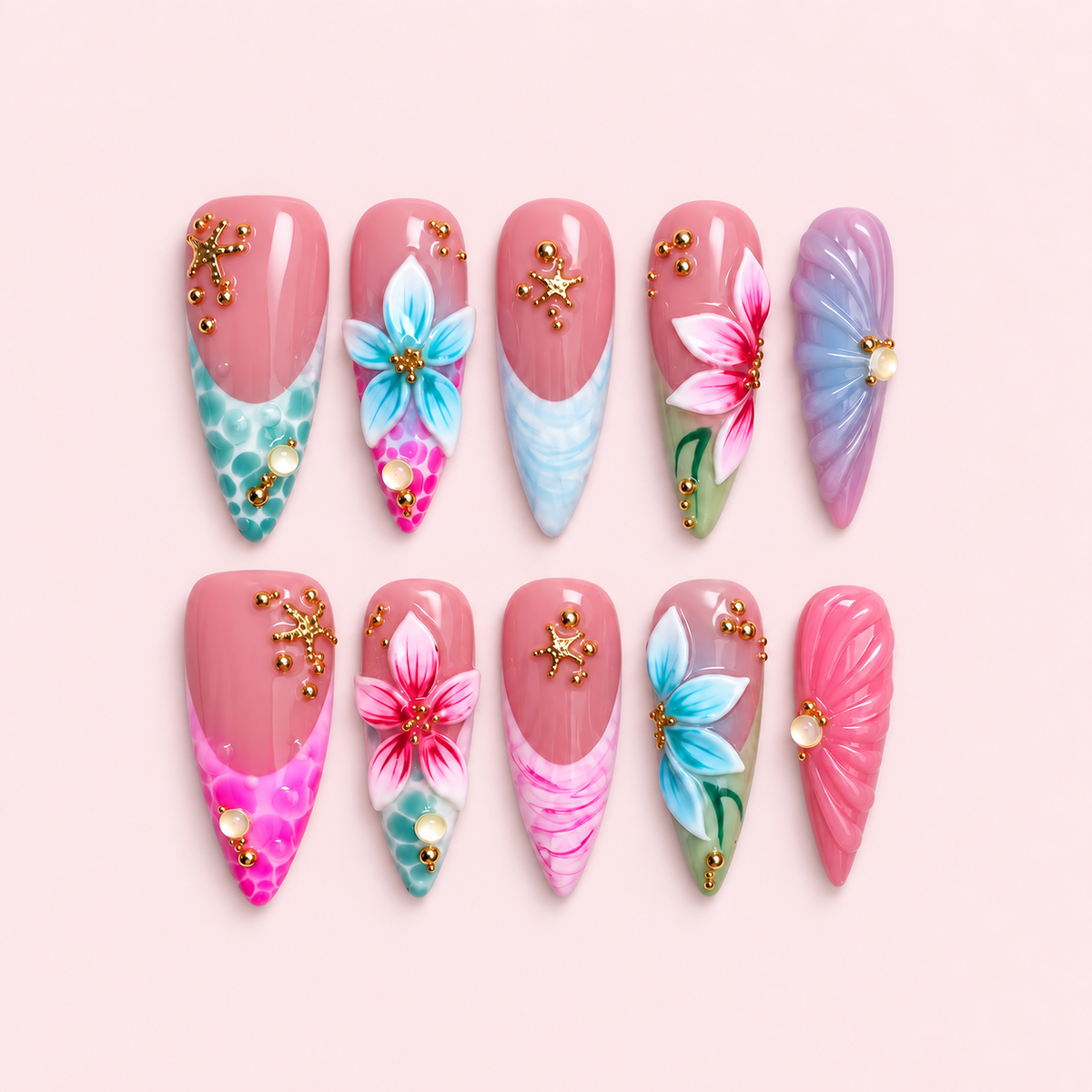 Pink Tropical Floral Stiletto Press-On Nails