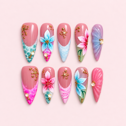 Pink Tropical Floral Stiletto Press-On Nails