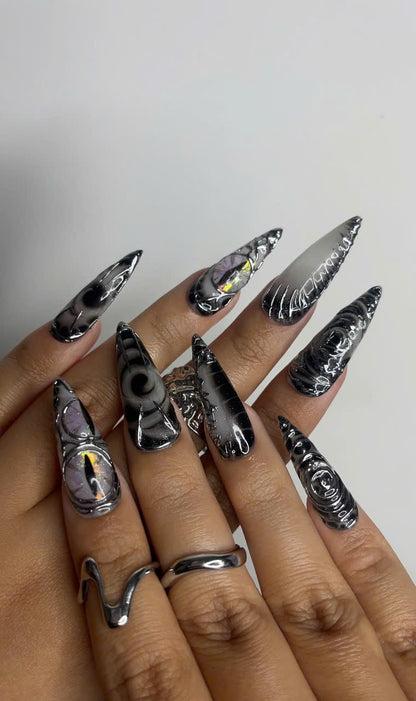 Long Black Stiletto Press On Nails 3D Chrome Gothic Nail Set Holographic Abstract Fake Nails