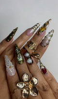 Galaxy Crystal Press On Nails 3D Gemstone Rock Fake Nails Gold Metal Accent Nail Art Crystal Gemstone Press Ons Luxury Nails