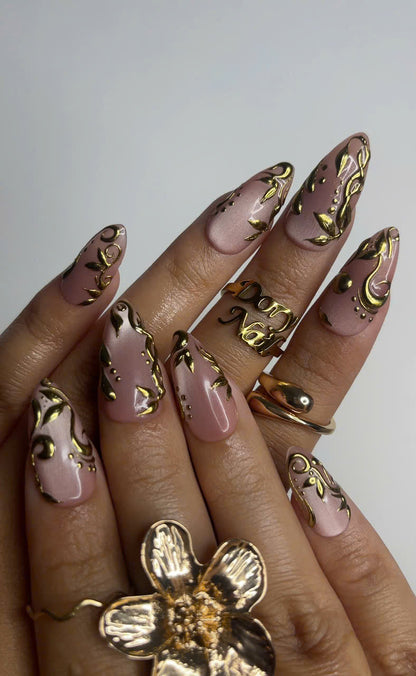 Elegant Nude Pink Press On Nails Gold 3D Luxury Nail Set Classy Wedding Fake Nails
