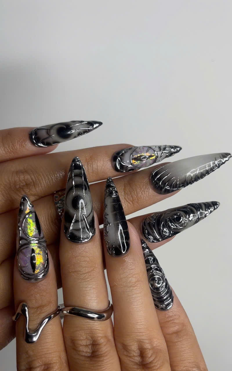 Long Black Stiletto Press On Nails 3D Chrome Gothic Nail Set Holographic Abstract Fake Nails
