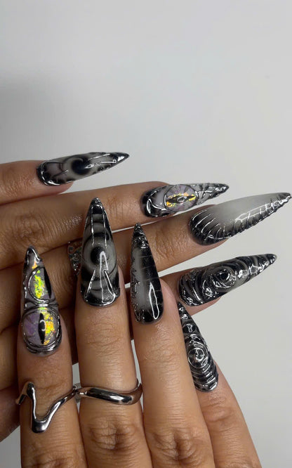 Long Black Stiletto Press On Nails 3D Chrome Gothic Nail Set Holographic Abstract Fake Nails