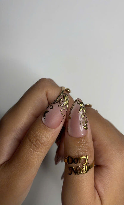 Elegant Nude Pink Press On Nails Gold 3D Luxury Nail Set Classy Wedding Fake Nails