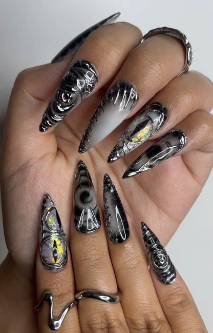 Long Black Stiletto Press On Nails 3D Chrome Gothic Nail Set Holographic Abstract Fake Nails