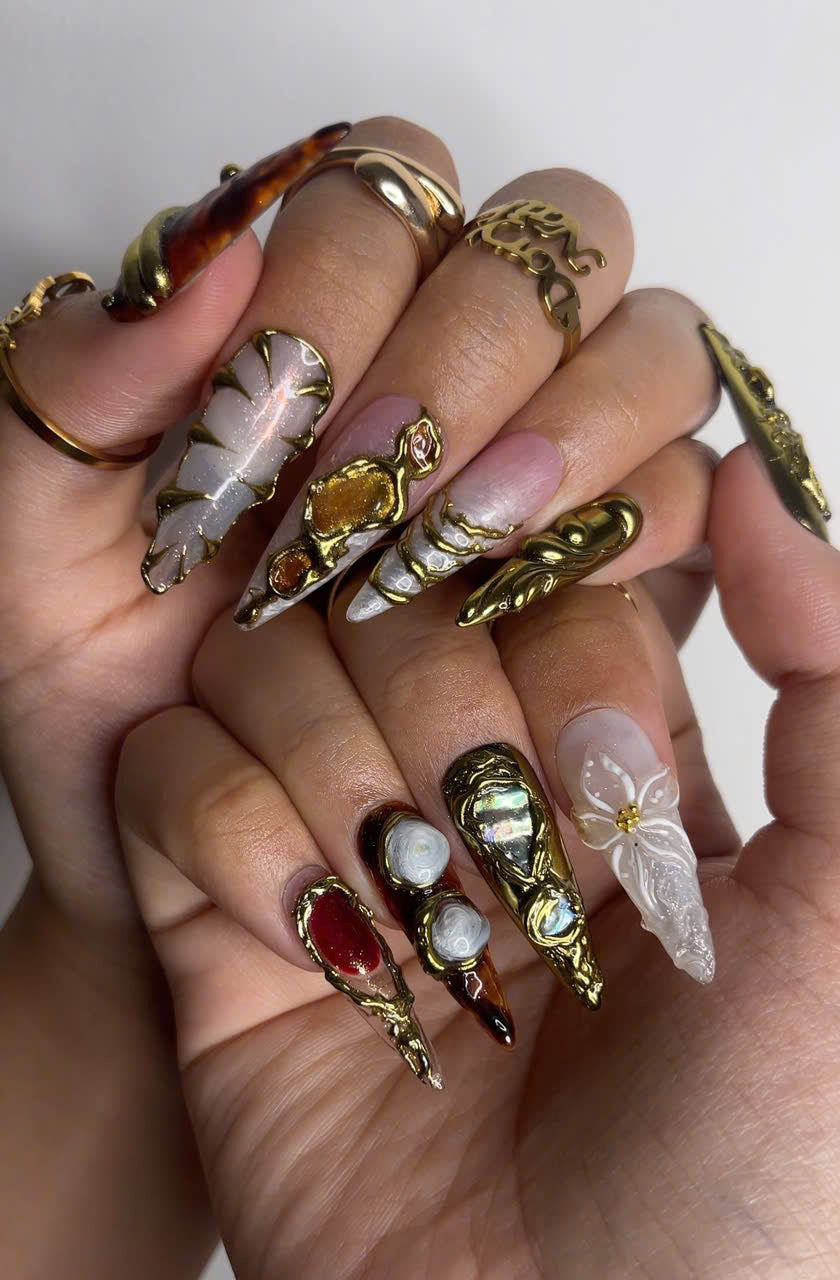Galaxy Crystal Press On Nails 3D Gemstone Rock Fake Nails Gold Metal Accent Nail Art Crystal Gemstone Press Ons Luxury Nails