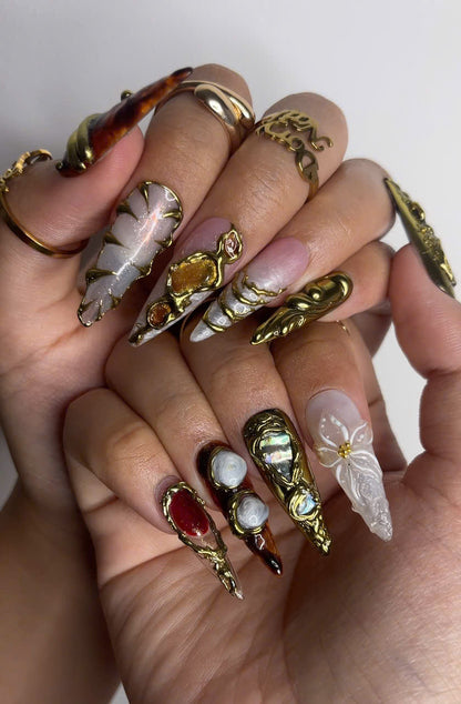 Galaxy Crystal Press On Nails 3D Gemstone Rock Fake Nails Gold Metal Accent Nail Art Crystal Gemstone Press Ons Luxury Nails